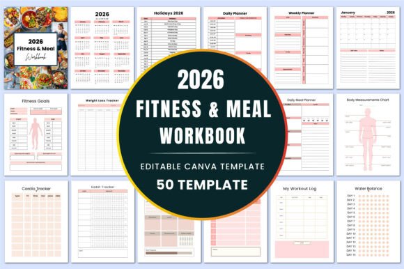 Download 2026 Meal &amp; Fitness Workbook KDP Canva - K Collection