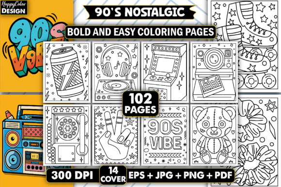 Download 90's Nostalgic Bold &amp; Easy Coloring Book - K Collection