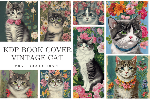 Download Vintage Cat Floral KDP Book Cover Card - K Collection
