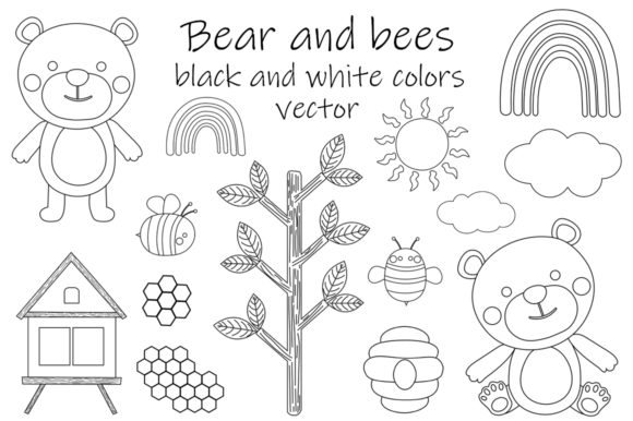 Download Bear and Bees Black and White Coloring - K Collection